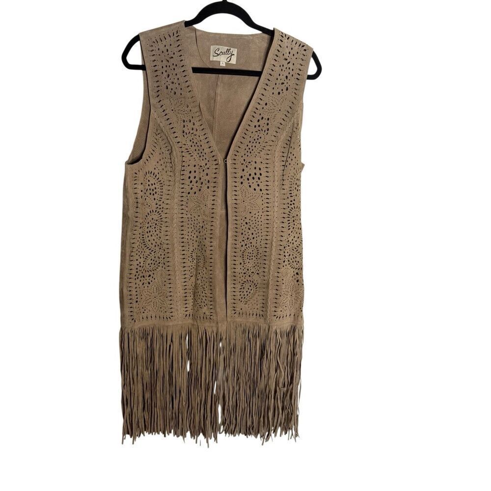 Scully Genuine Leather Laser Cut Boho Fringe Longline Vest Cardigan Women’s L